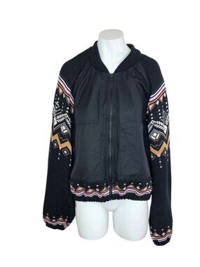 Anthropologie Fairisle Sweater Mix Bomber Jacket, Black, Cottagecore, Size L